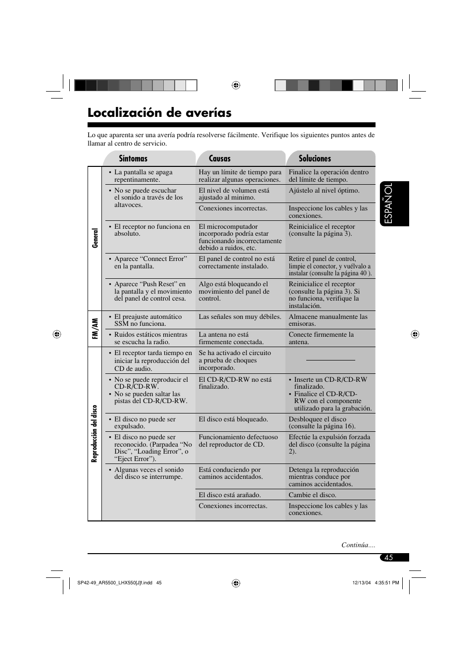 Localización de averías, Esp añol | JVC KD-AR5500 User Manual | Page 93 / 147
