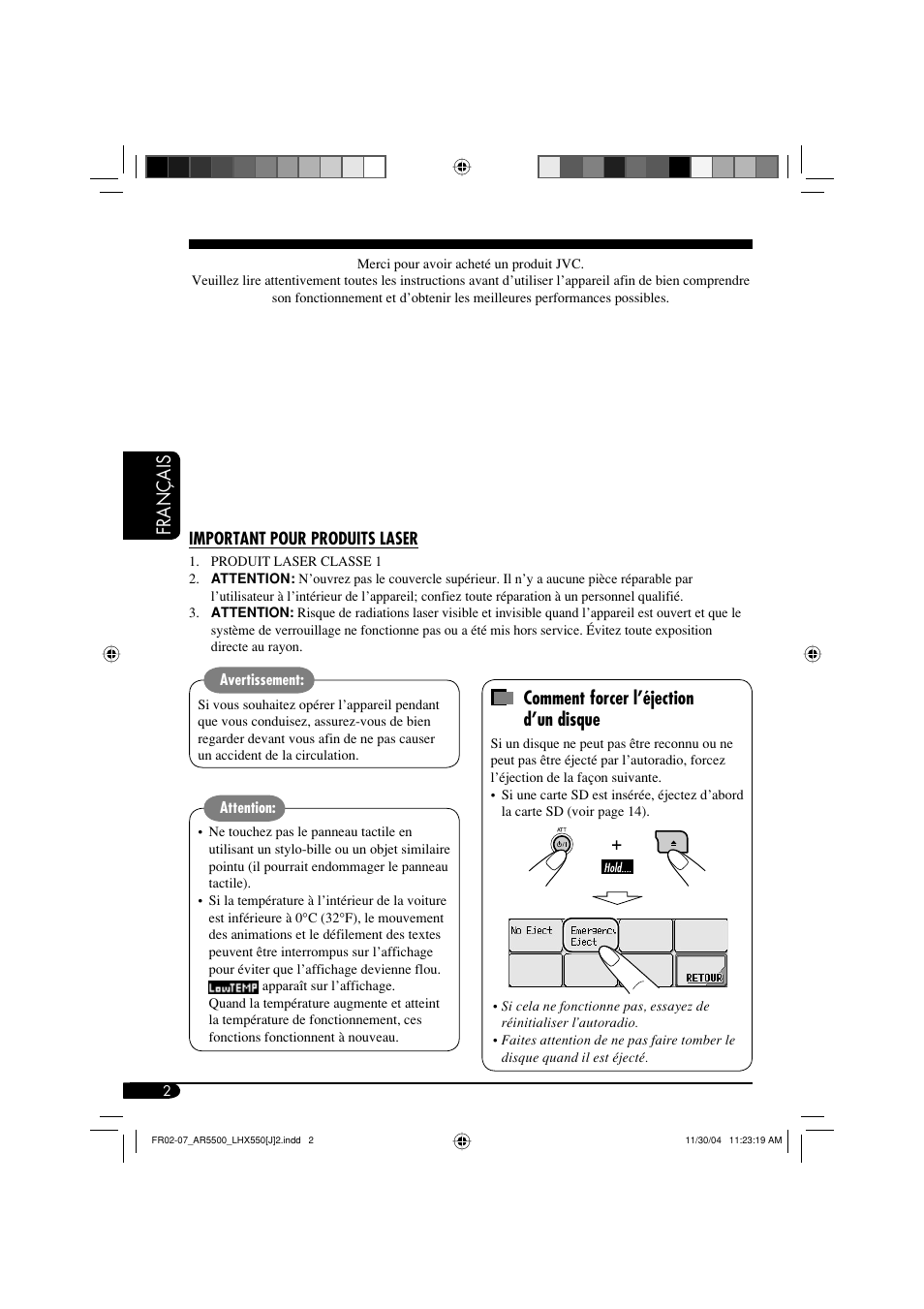 Français, Comment forcer l’éjection d’un disque | JVC KD-AR5500 User Manual | Page 98 / 147