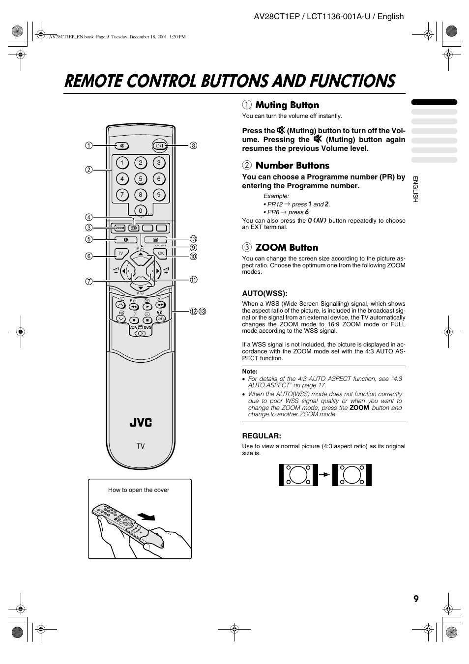 Remote control buttons and functions | JVC T-V Link AV28CT1EP User Manual | Page 10 / 72