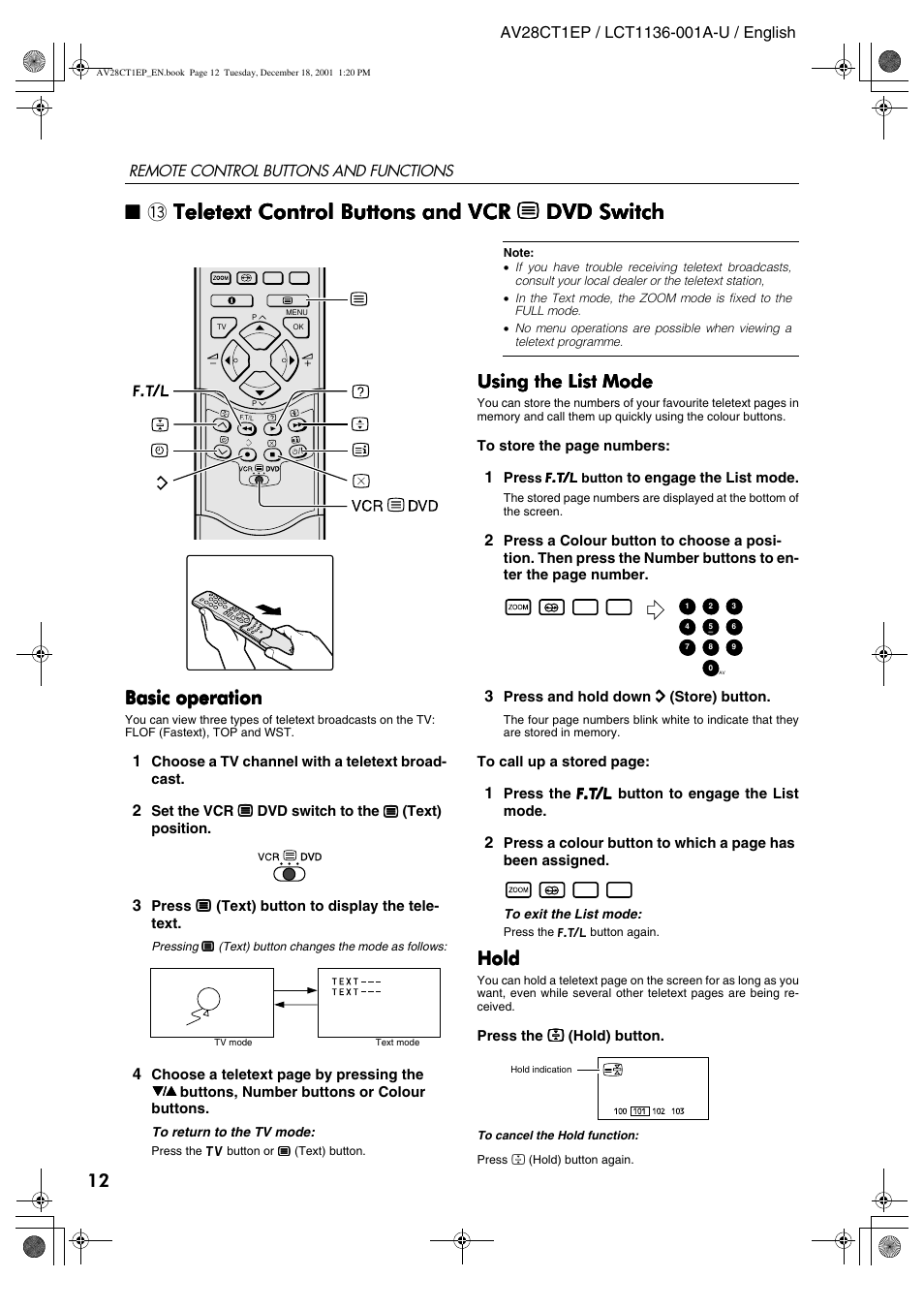 Teletext control buttons and vcr, Basic operation, Using the list mode | Hold | JVC T-V Link AV28CT1EP User Manual | Page 13 / 72