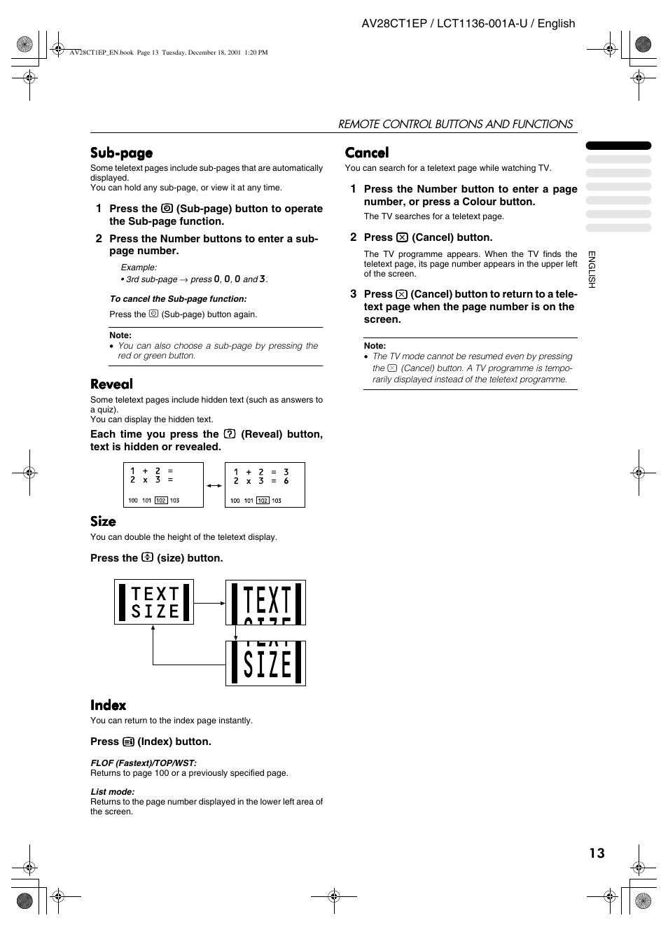 Sub-page, Reveal, Size | Index, Cancel | JVC T-V Link AV28CT1EP User Manual | Page 14 / 72