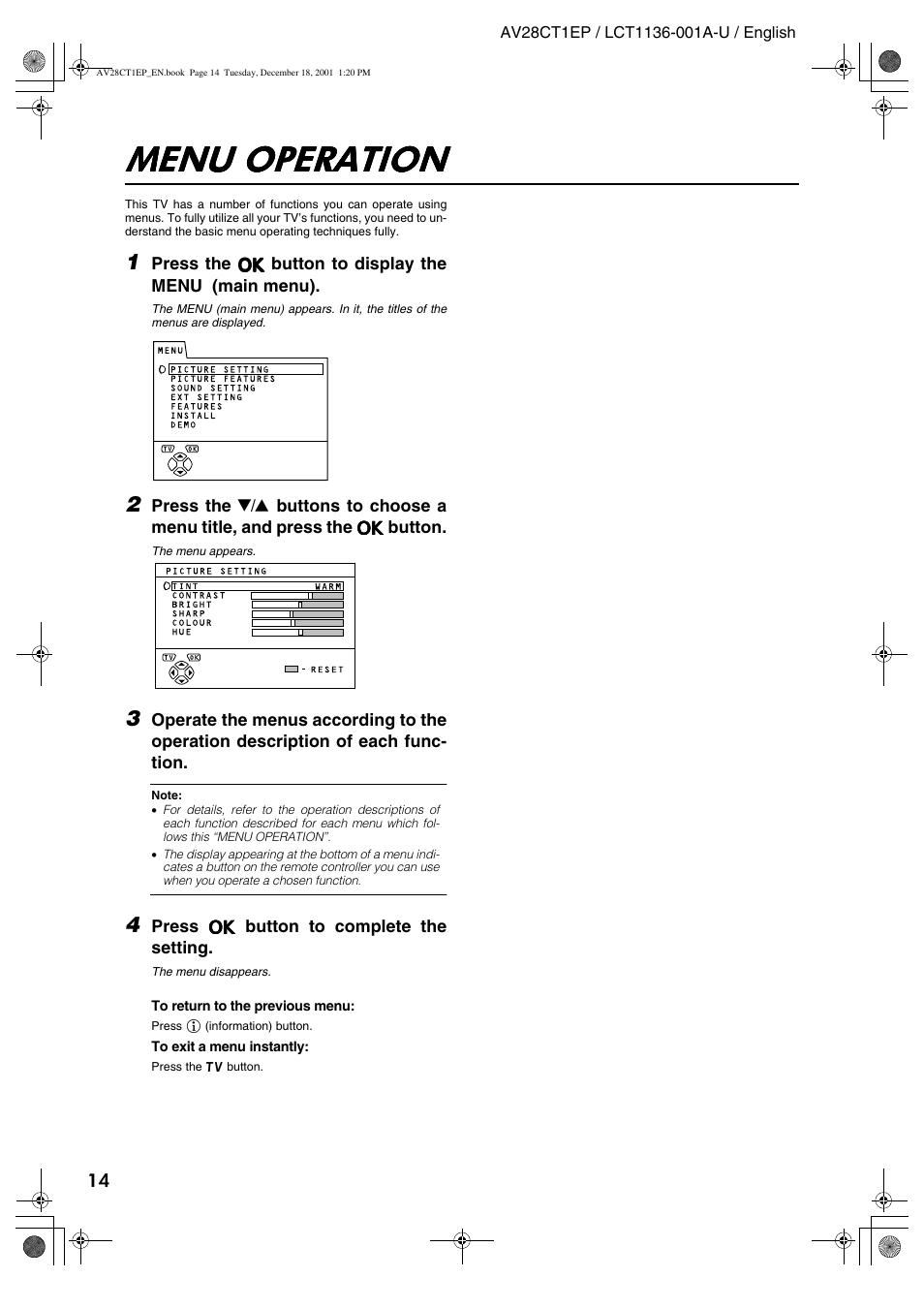 Menu operation | JVC T-V Link AV28CT1EP User Manual | Page 15 / 72