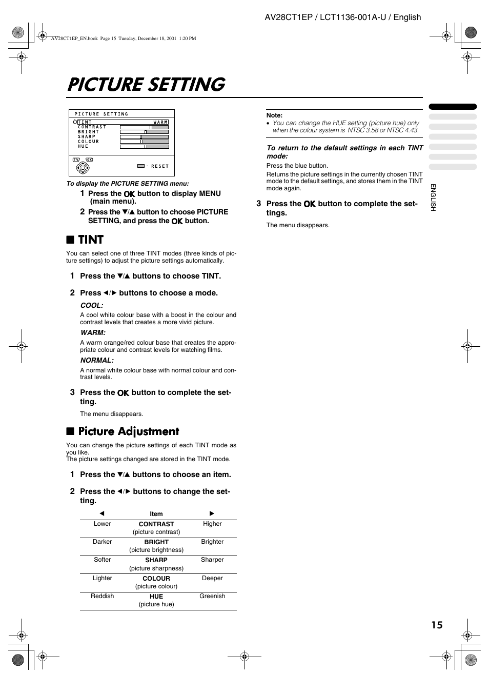 Picture setting, Tint, Picture adjustment | JVC T-V Link AV28CT1EP User Manual | Page 16 / 72