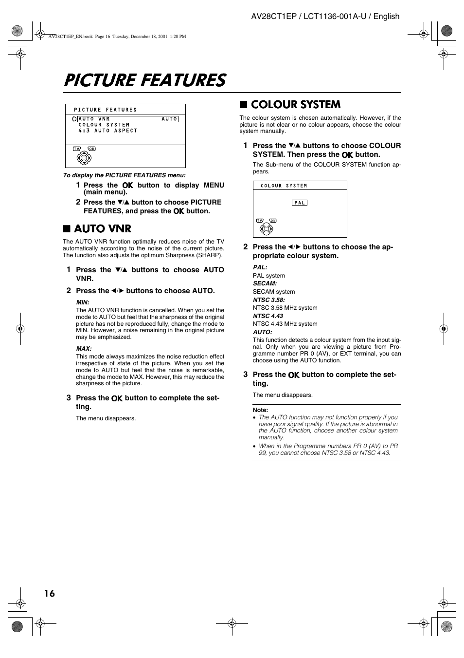 Picture features, Auto vnr, Colour system | JVC T-V Link AV28CT1EP User Manual | Page 17 / 72