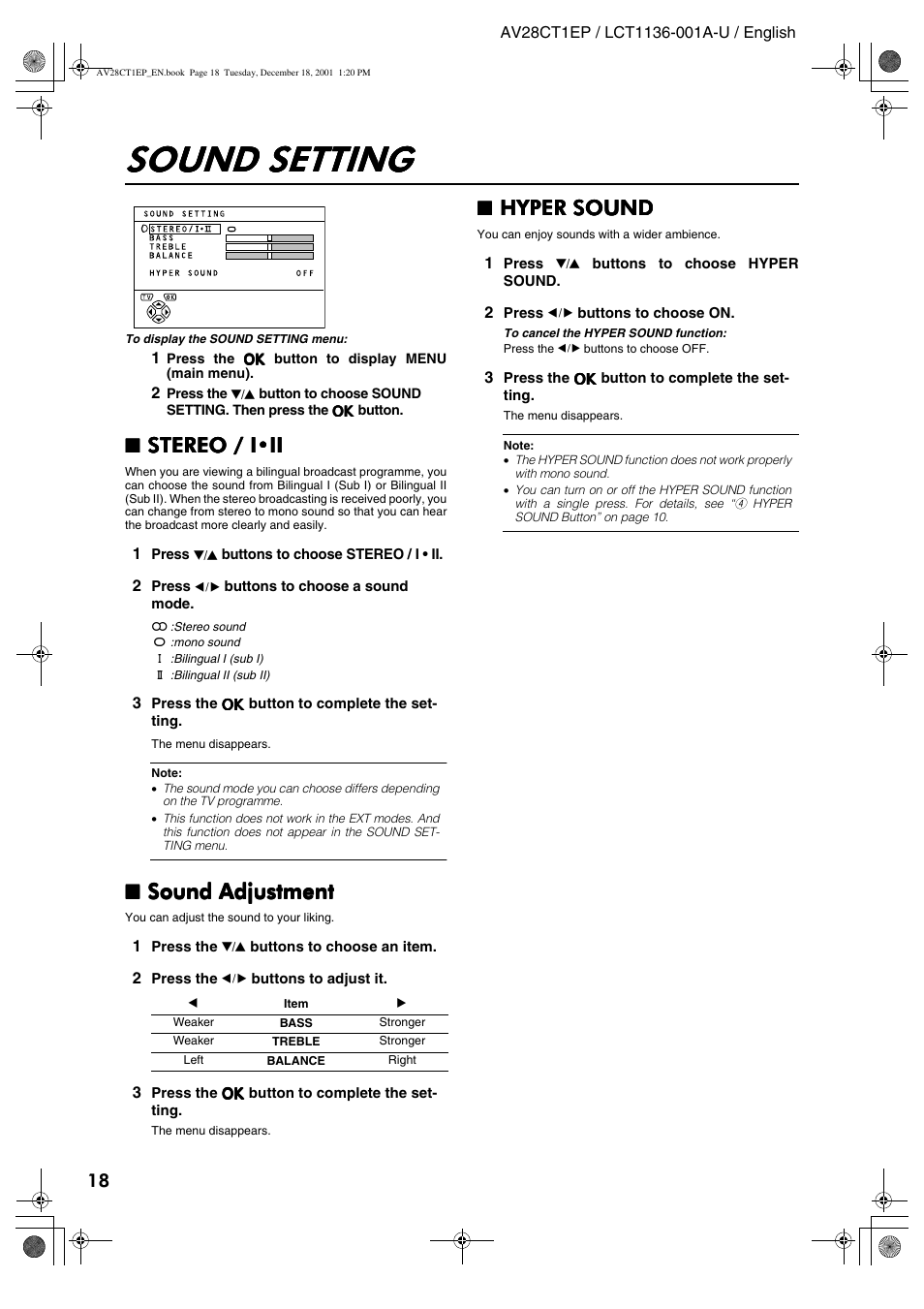 Sound setting, Stereo / i•ii, Sound adjustment | Hyper sound | JVC T-V Link AV28CT1EP User Manual | Page 19 / 72