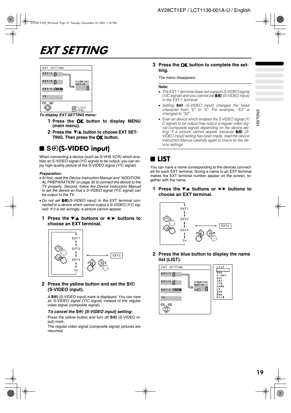 Ext setting, List | JVC T-V Link AV28CT1EP User Manual | Page 20 / 72