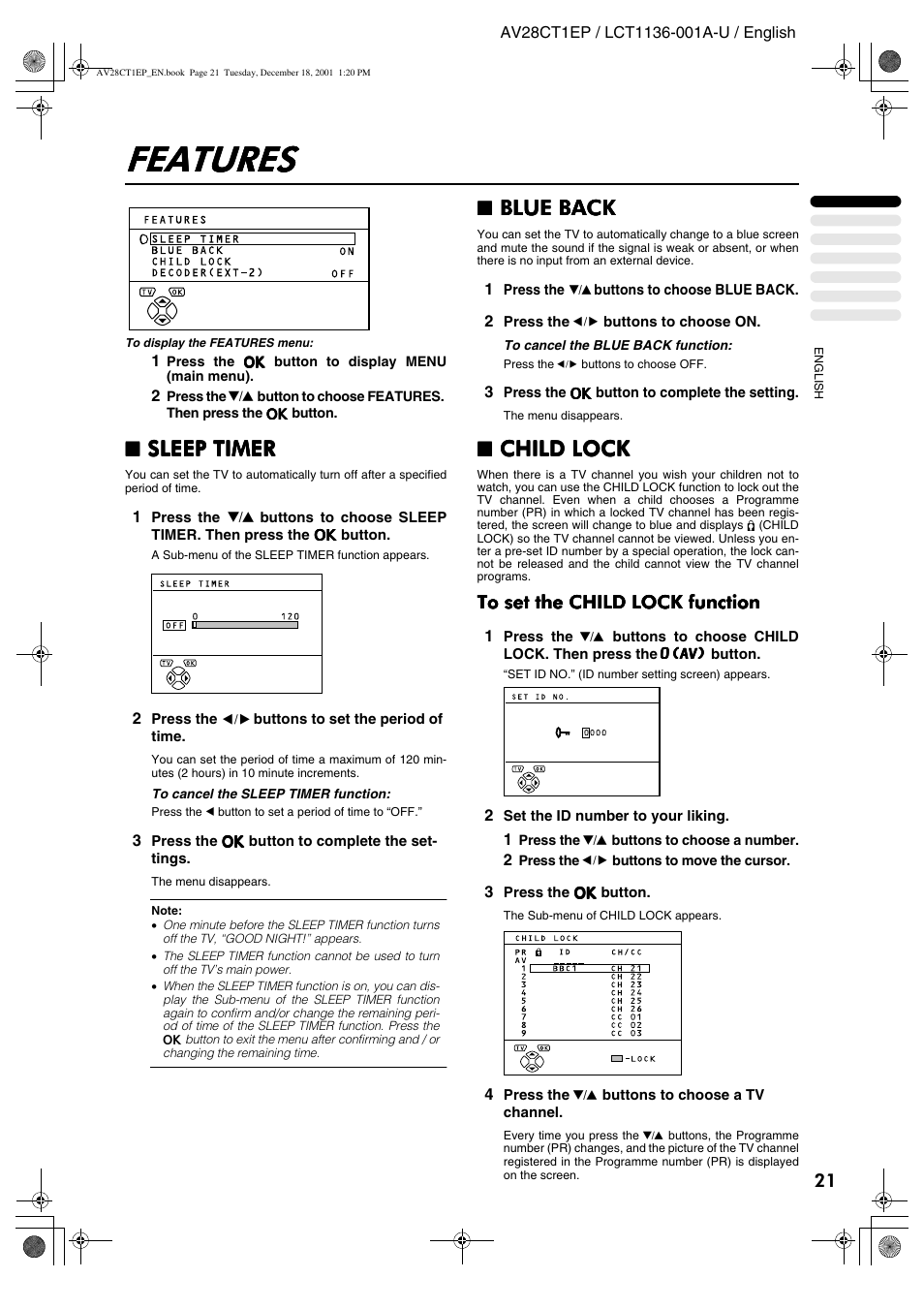 Features, Sleep timer, Blue back | Child lock | JVC T-V Link AV28CT1EP User Manual | Page 22 / 72