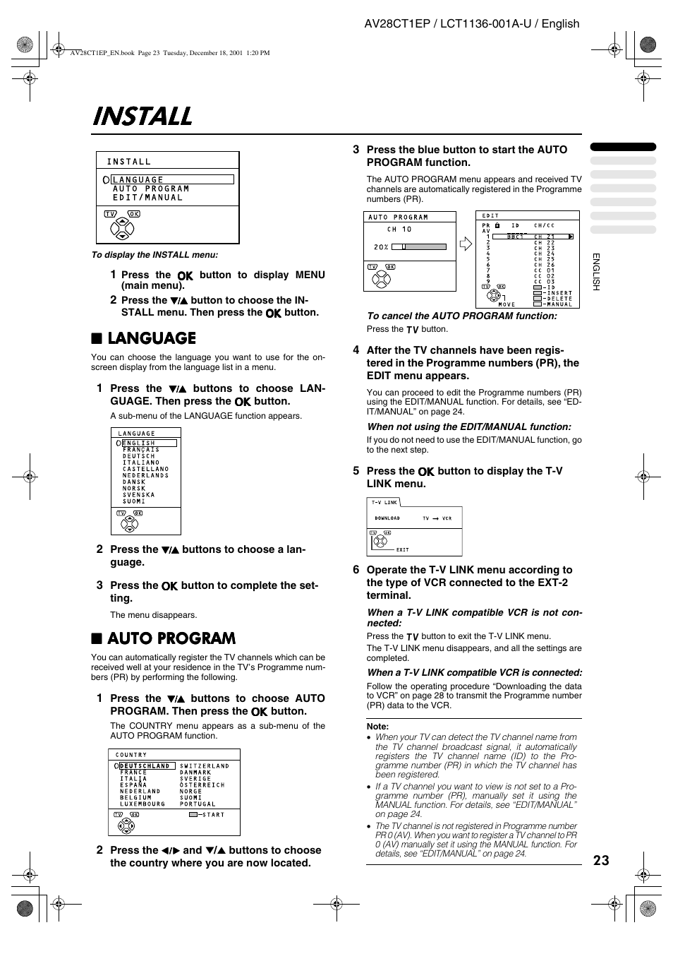 Install, Language, Auto program | JVC T-V Link AV28CT1EP User Manual | Page 24 / 72