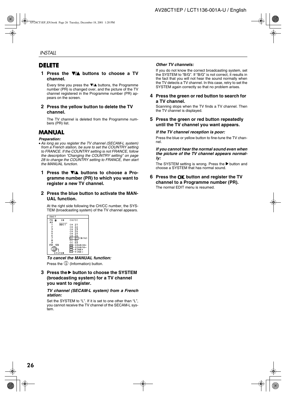 Delete, Manual | JVC T-V Link AV28CT1EP User Manual | Page 27 / 72