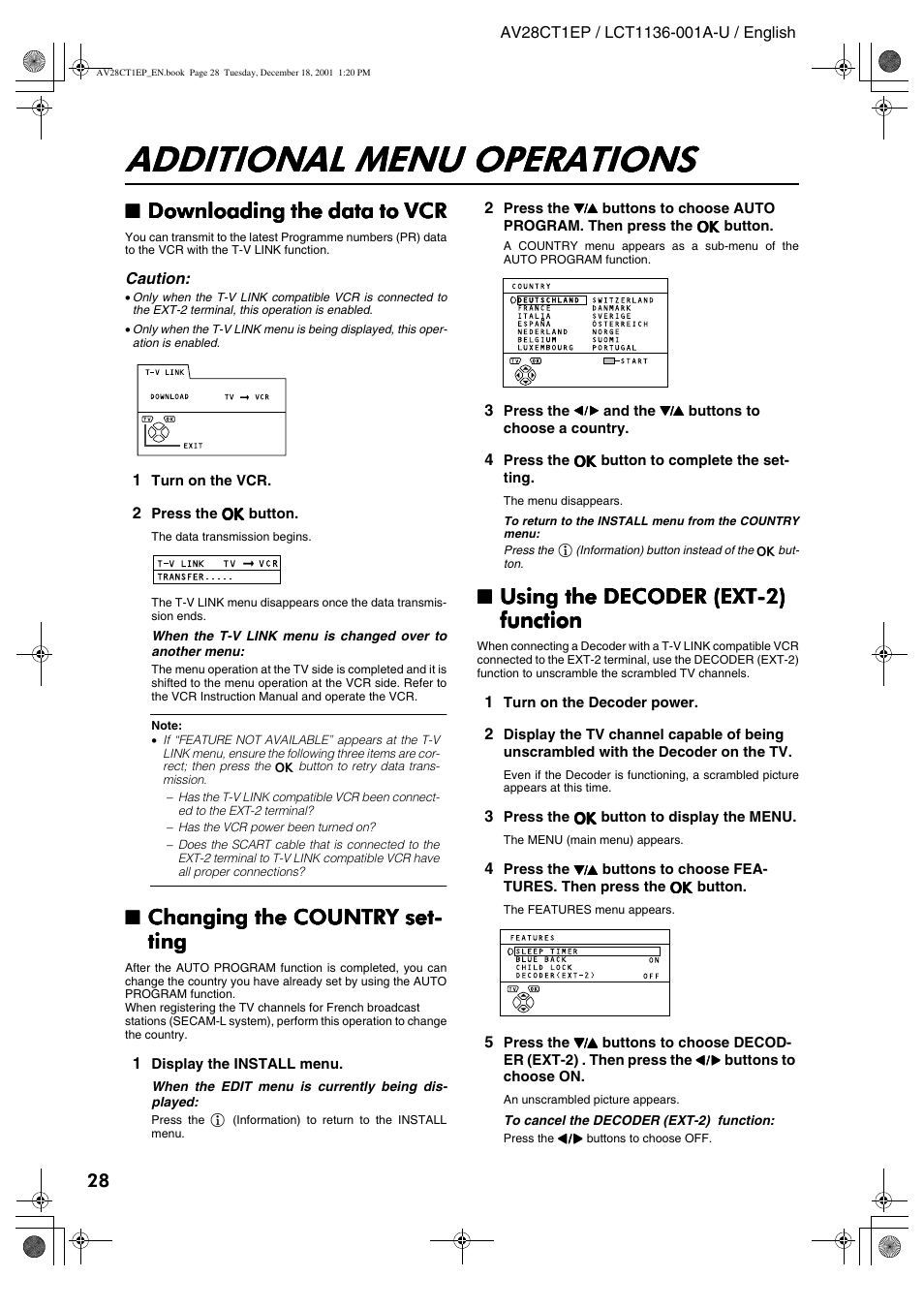 Additional menu operations, Downloading the data to vcr, Changing the country set | Changing the country set- ting ting ting ting, Using the decoder (ext-2) | JVC T-V Link AV28CT1EP User Manual | Page 29 / 72