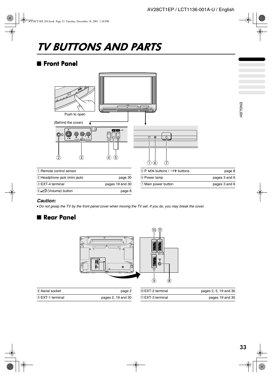 Tv buttons and parts, Front panel, Rear panel | JVC T-V Link AV28CT1EP User Manual | Page 34 / 72