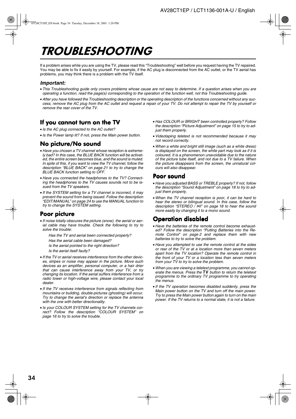 Troubleshooting | JVC T-V Link AV28CT1EP User Manual | Page 35 / 72