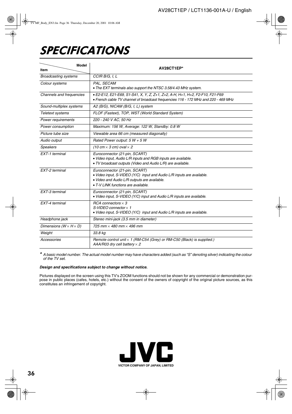 Specifications | JVC T-V Link AV28CT1EP User Manual | Page 37 / 72
