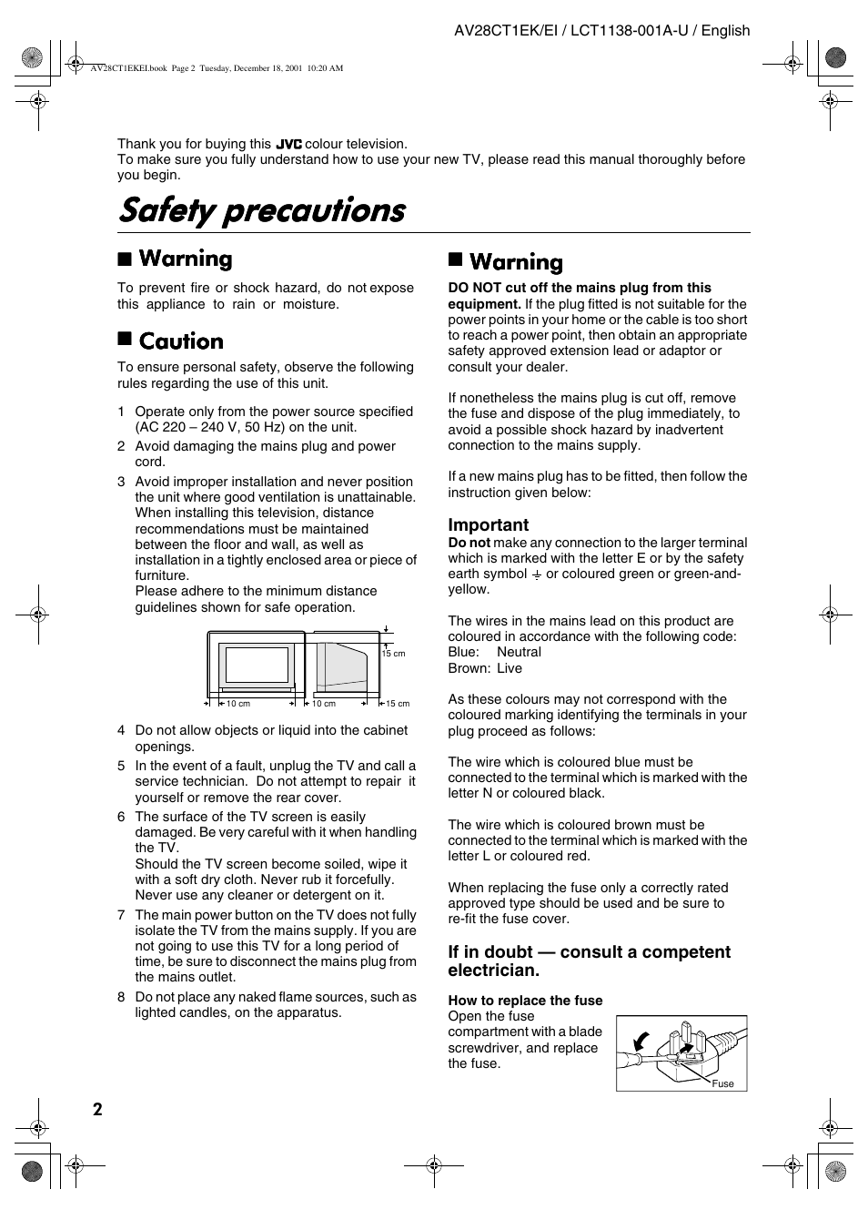 Safety precautions, Warning, Caution | JVC T-V Link AV28CT1EP User Manual | Page 39 / 72