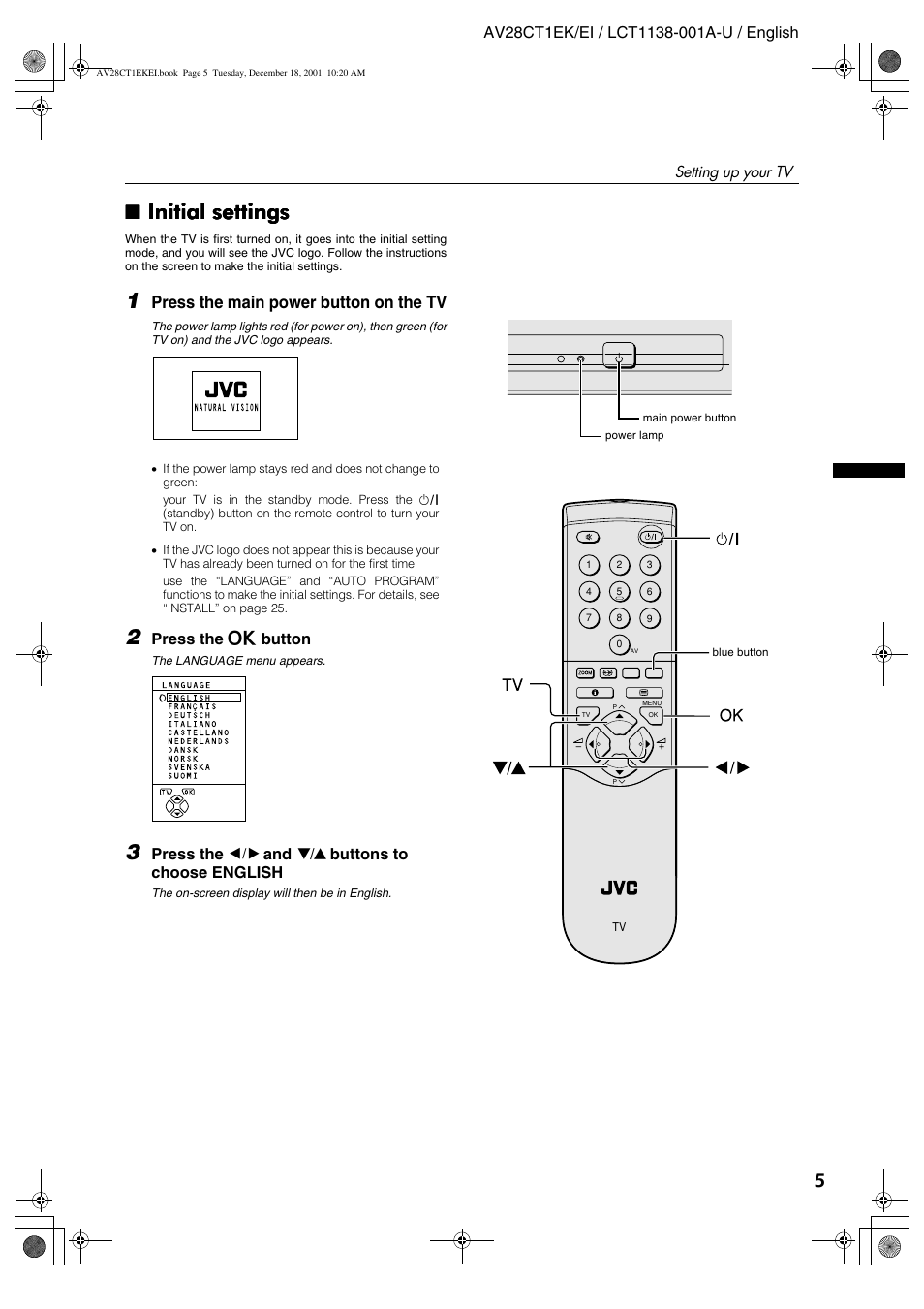Initial settings, Press the main power button on the tv | JVC T-V Link AV28CT1EP User Manual | Page 42 / 72