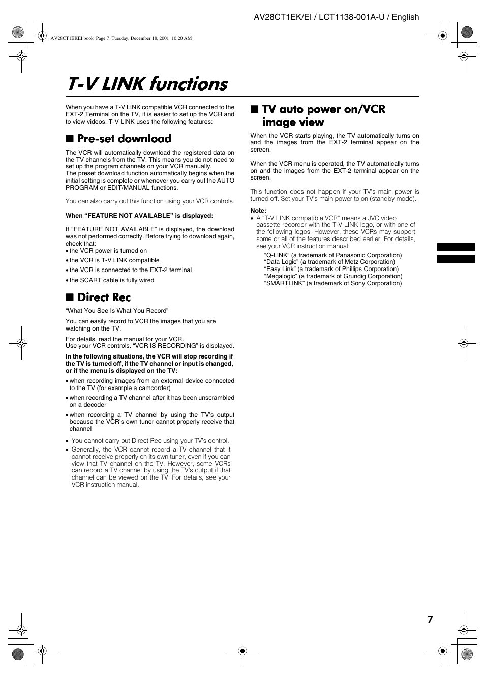 T- v link functions, T-v link functions, Pre-set download | Direct rec, Tv auto power on/vcr | JVC T-V Link AV28CT1EP User Manual | Page 44 / 72