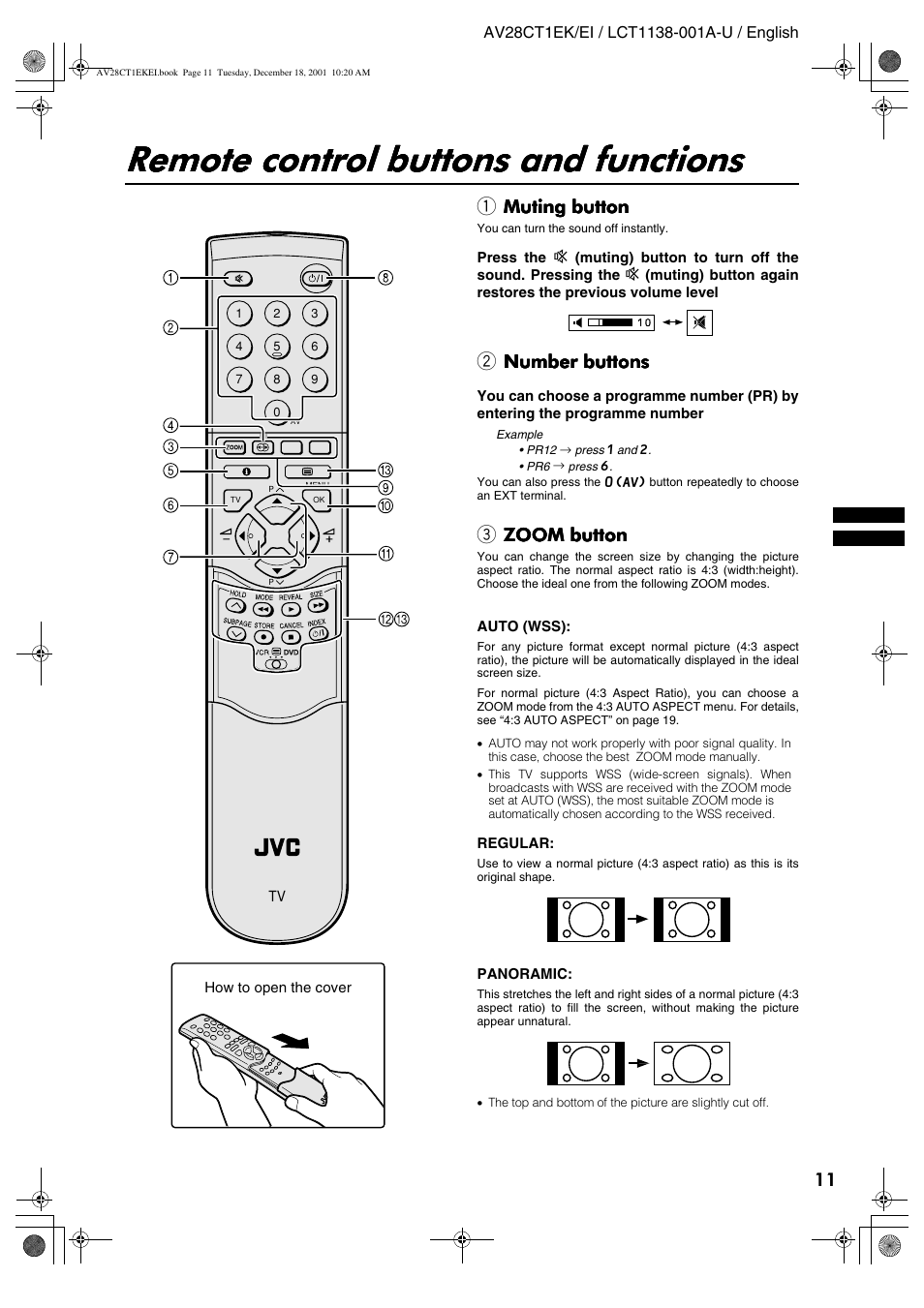 Remote control buttons and functions, Muting button, Number buttons | Zoom button | JVC T-V Link AV28CT1EP User Manual | Page 48 / 72