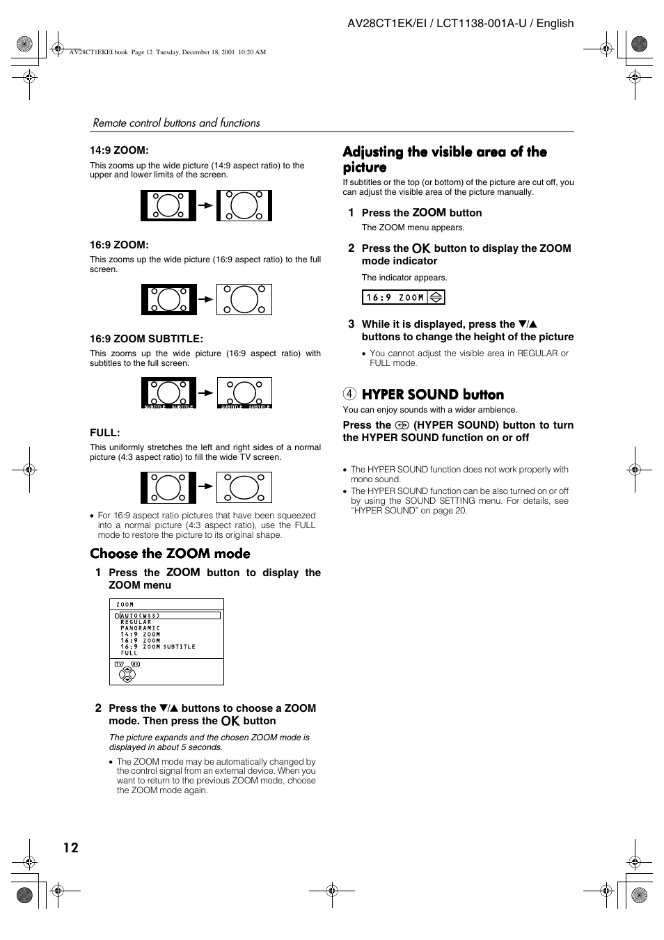 Choose the zoom mode, Adjusting the visible area of the, Hyper sound button | JVC T-V Link AV28CT1EP User Manual | Page 49 / 72