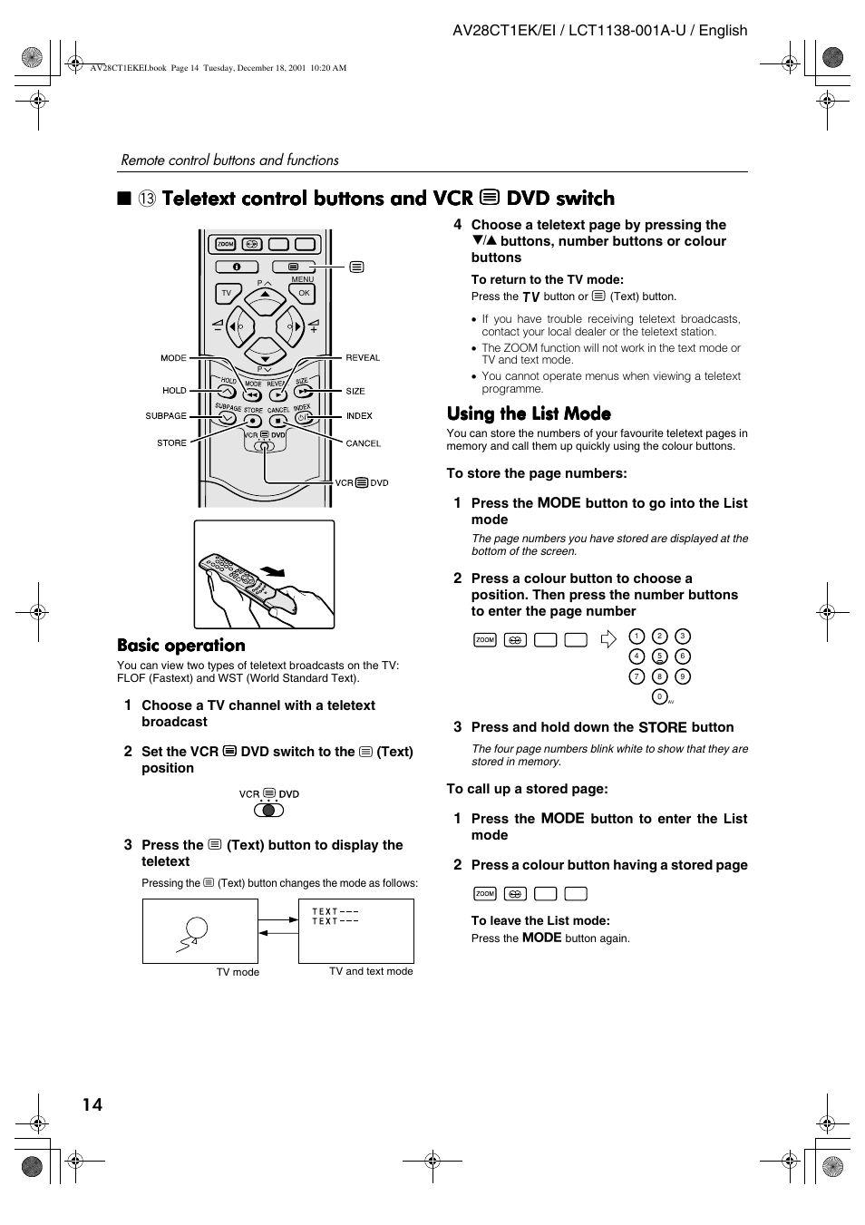 Teletext control buttons and vcr, Basic operation, Using the list mode | JVC T-V Link AV28CT1EP User Manual | Page 51 / 72