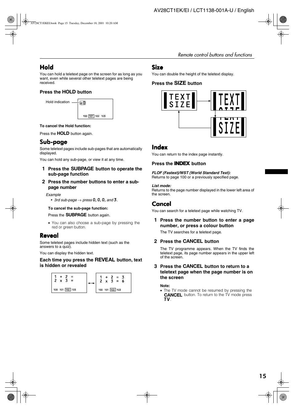 Hold, Sub-page, Reveal | Size, Index, Cancel | JVC T-V Link AV28CT1EP User Manual | Page 52 / 72