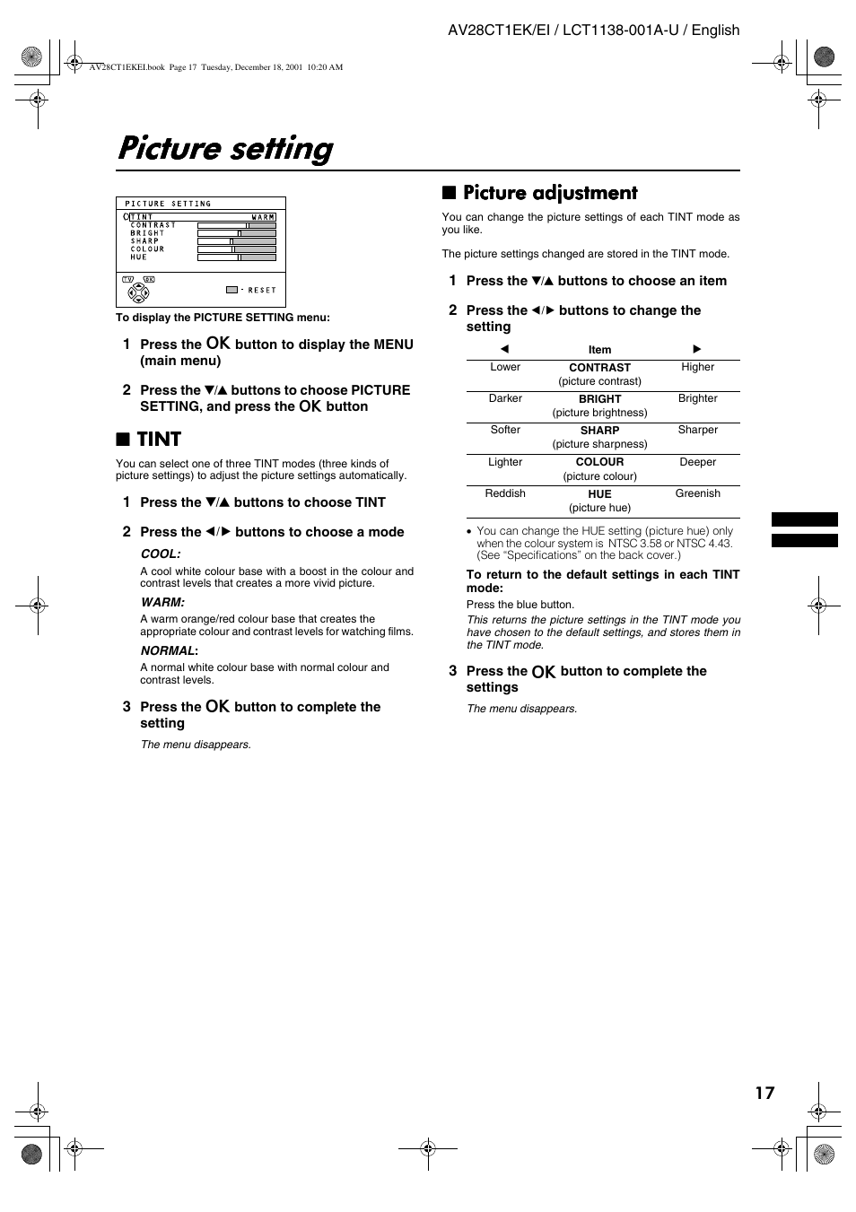 Picture setting, Tint, Picture adjustment | JVC T-V Link AV28CT1EP User Manual | Page 54 / 72