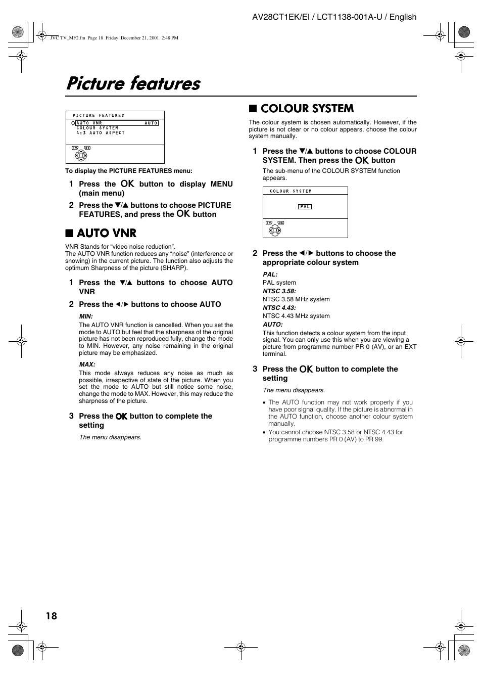 Picture features, Auto vnr, Colour system | JVC T-V Link AV28CT1EP User Manual | Page 55 / 72