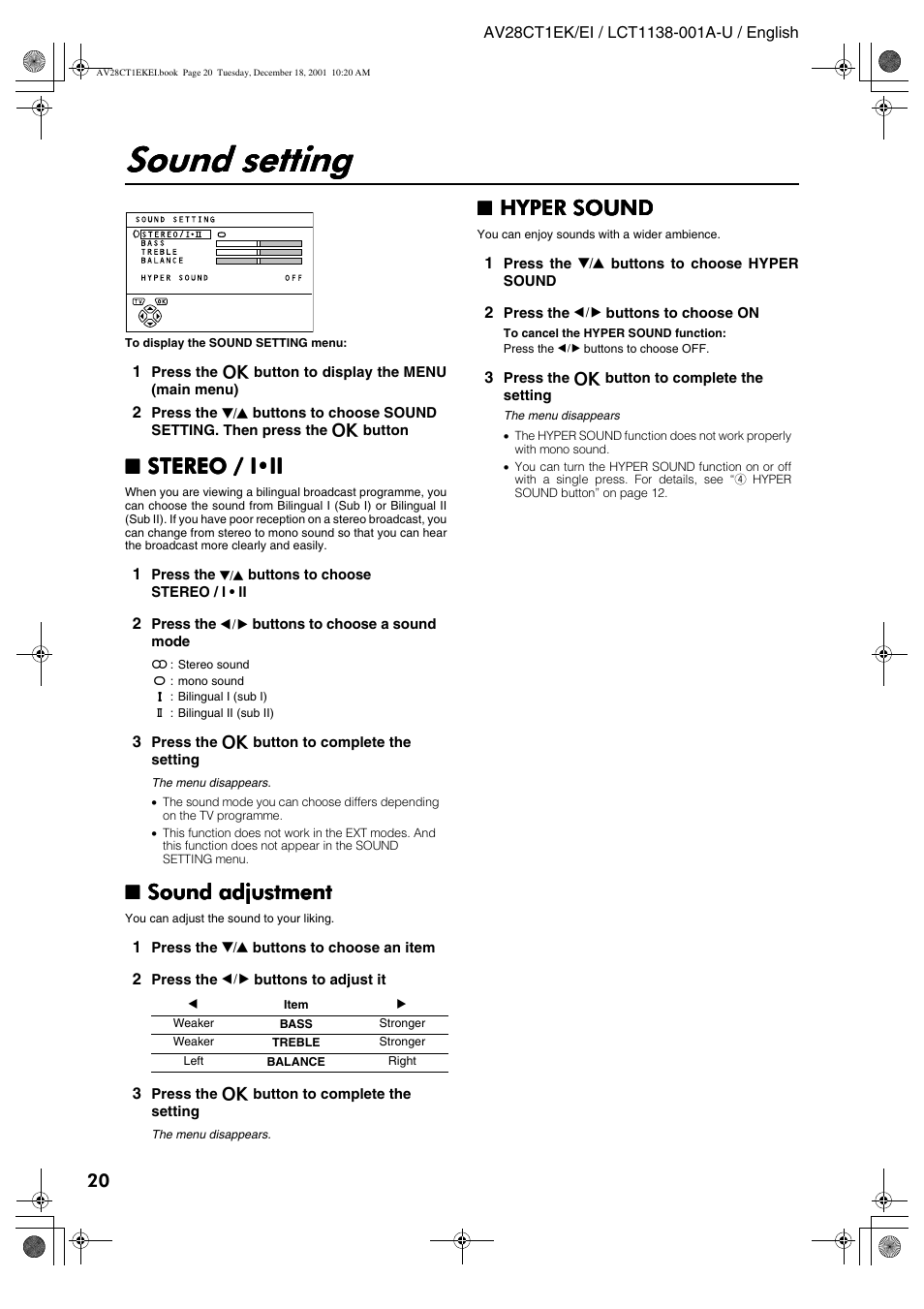 Sound setting, Stereo / i•ii, Sound adjustment | Hyper sound | JVC T-V Link AV28CT1EP User Manual | Page 57 / 72