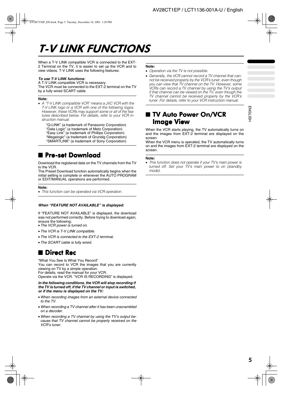 T-v link functions, Pre-set download, Direct rec | Tv auto power on/vcr | JVC T-V Link AV28CT1EP User Manual | Page 6 / 72