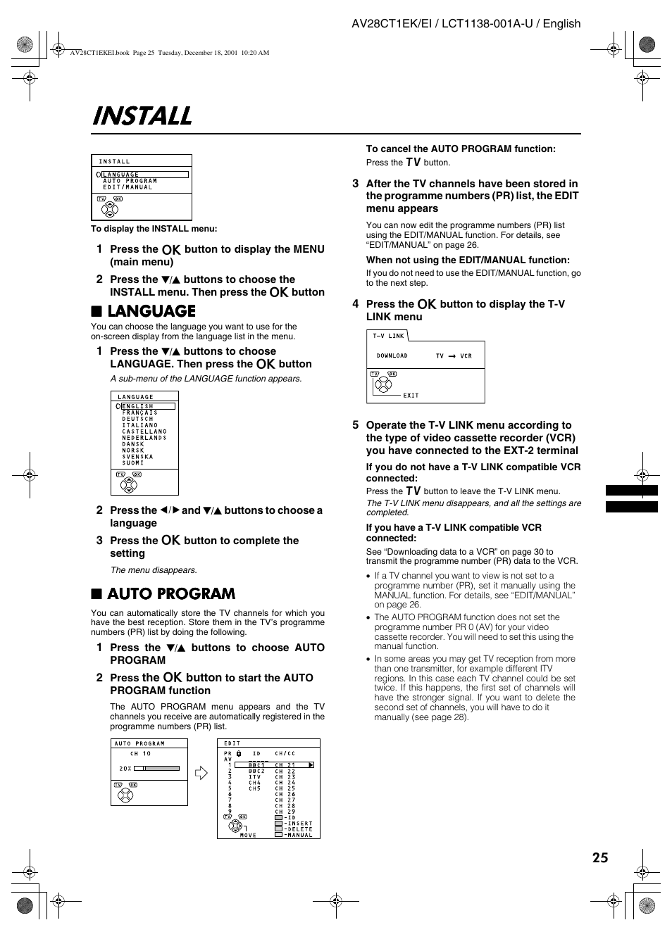 Install, Language, Auto program | JVC T-V Link AV28CT1EP User Manual | Page 62 / 72