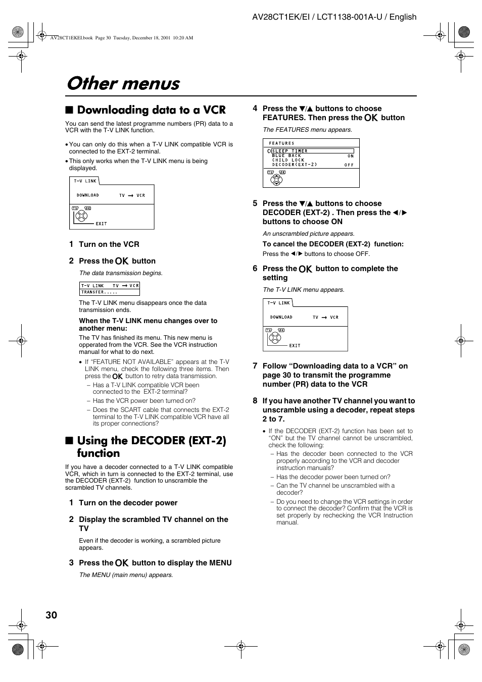 Other menus, Downloading data to a vcr, Using the decoder (ext-2) | JVC T-V Link AV28CT1EP User Manual | Page 67 / 72