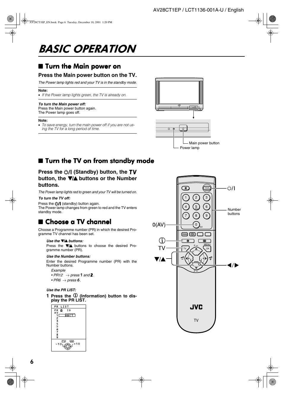 Basic operation, Turn the main power on, Turn the tv on from standby mode | Choose a tv channel | JVC T-V Link AV28CT1EP User Manual | Page 7 / 72