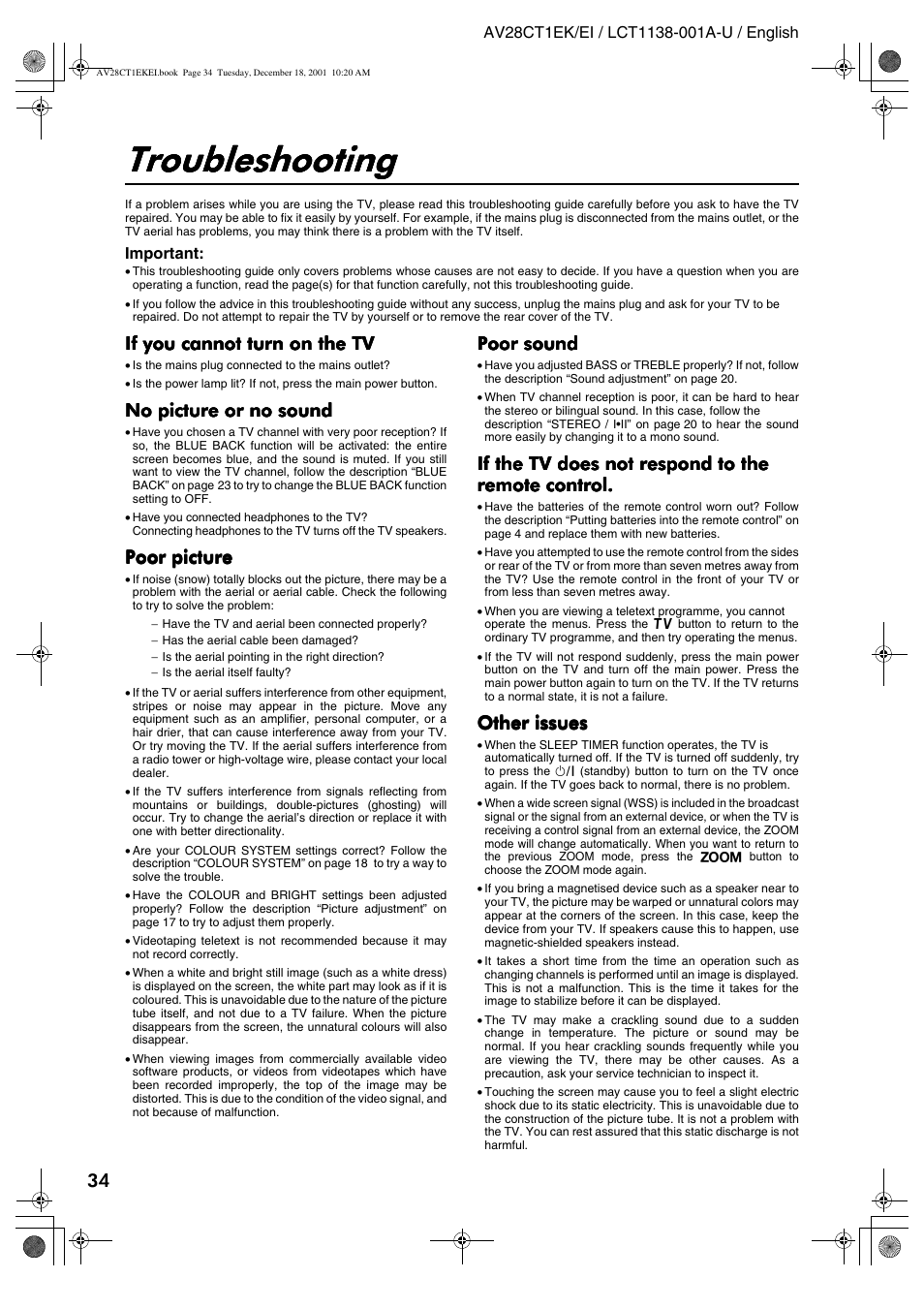 Troubleshooting, If you cannot turn on the tv, No picture or no sound | Poor picture, Poor sound, If the tv does not respond to the, Other issues | JVC T-V Link AV28CT1EP User Manual | Page 71 / 72