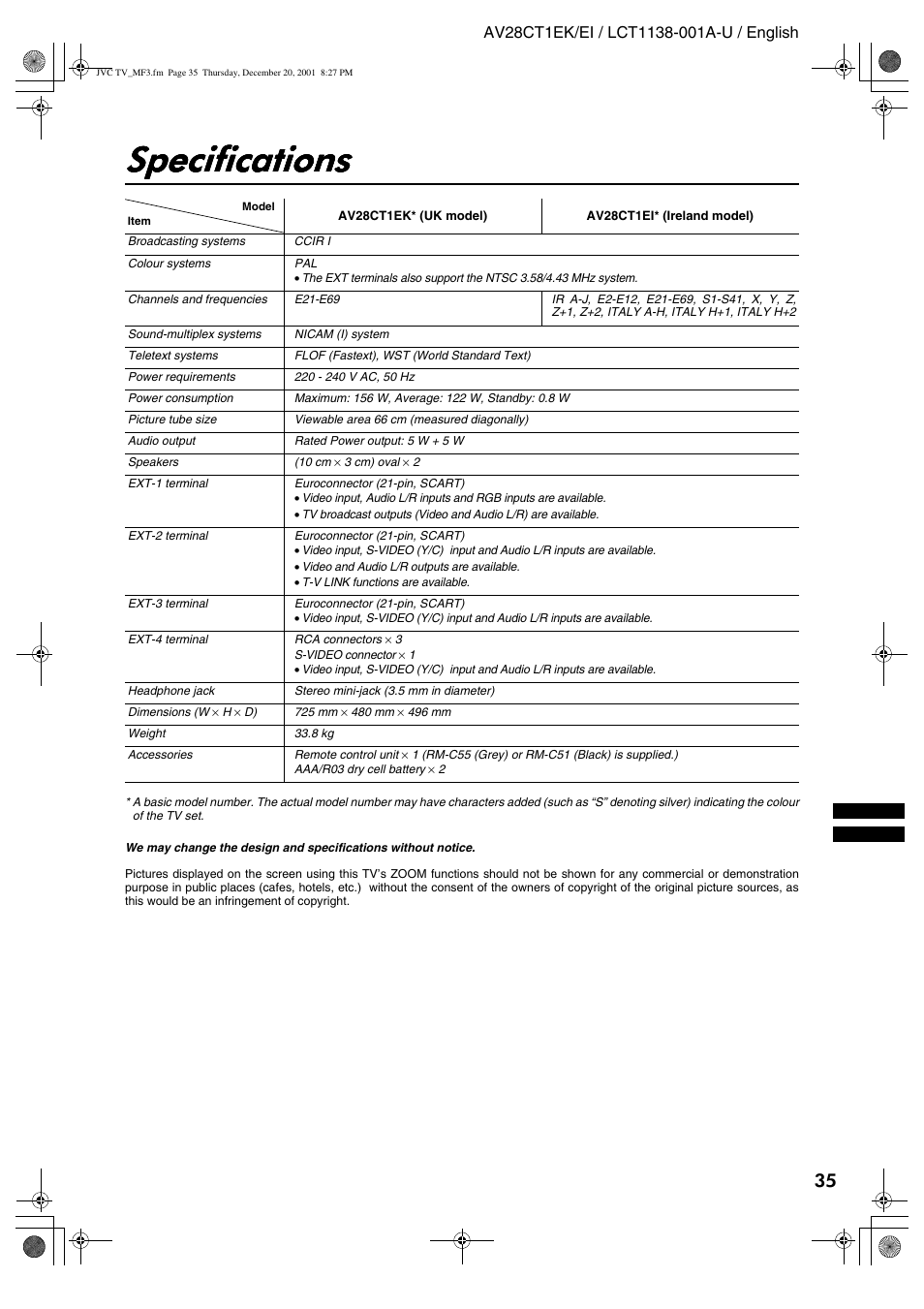 Specifications | JVC T-V Link AV28CT1EP User Manual | Page 72 / 72