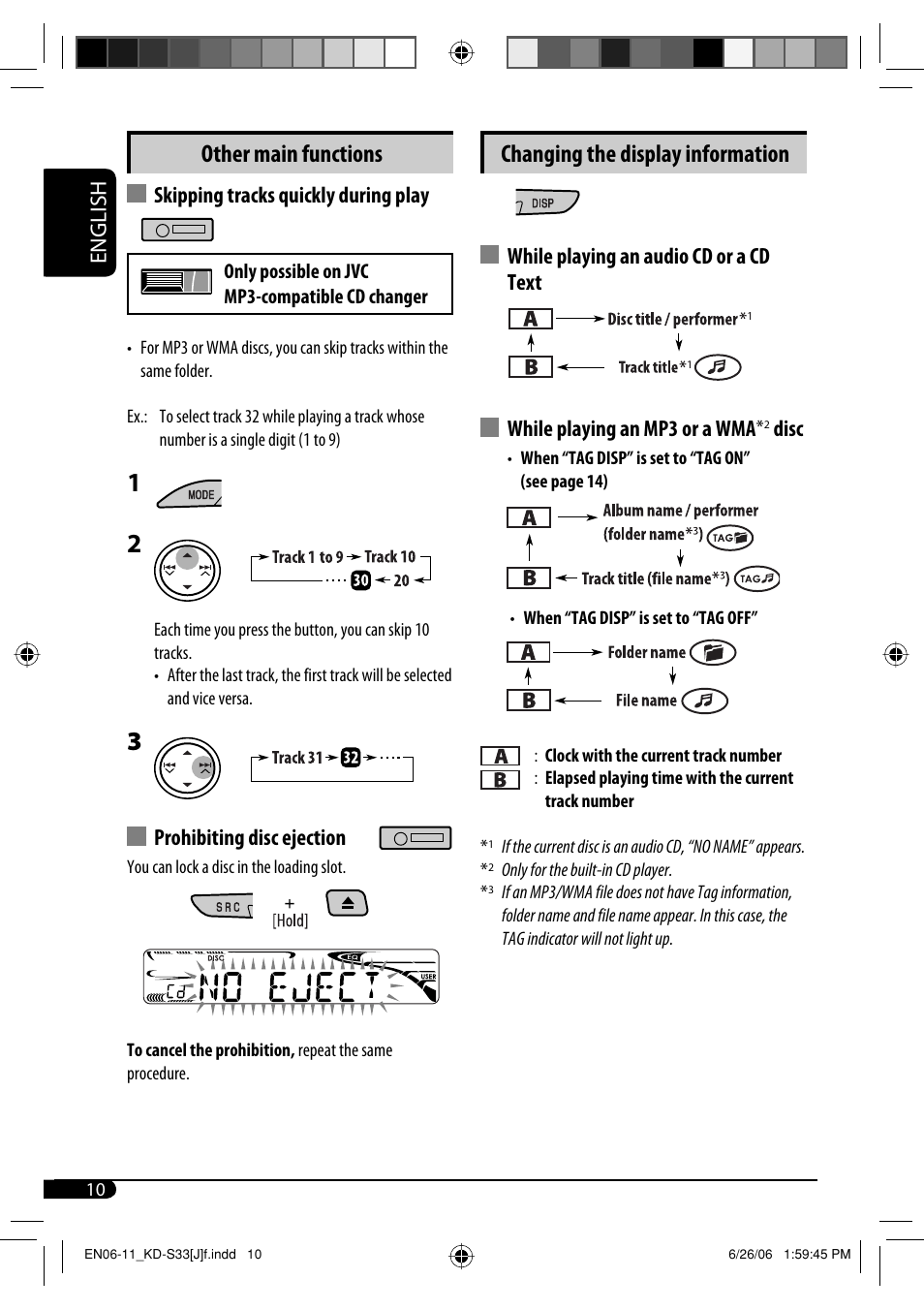 Changing the display information, Other main functions, English | Disc, Skipping tracks quickly during play, Prohibiting disc ejection | JVC KD-S33 User Manual | Page 10 / 30