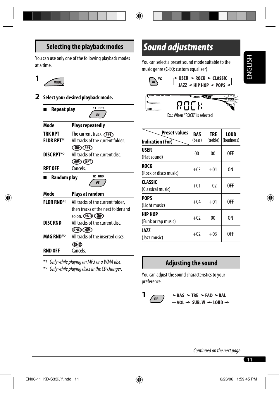 Sound adjustments, Selecting the playback modes, Adjusting the sound | English | JVC KD-S33 User Manual | Page 11 / 30