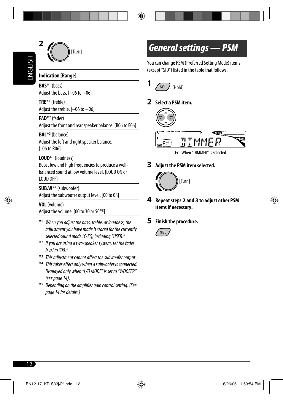 General settings — psm, English | JVC KD-S33 User Manual | Page 12 / 30