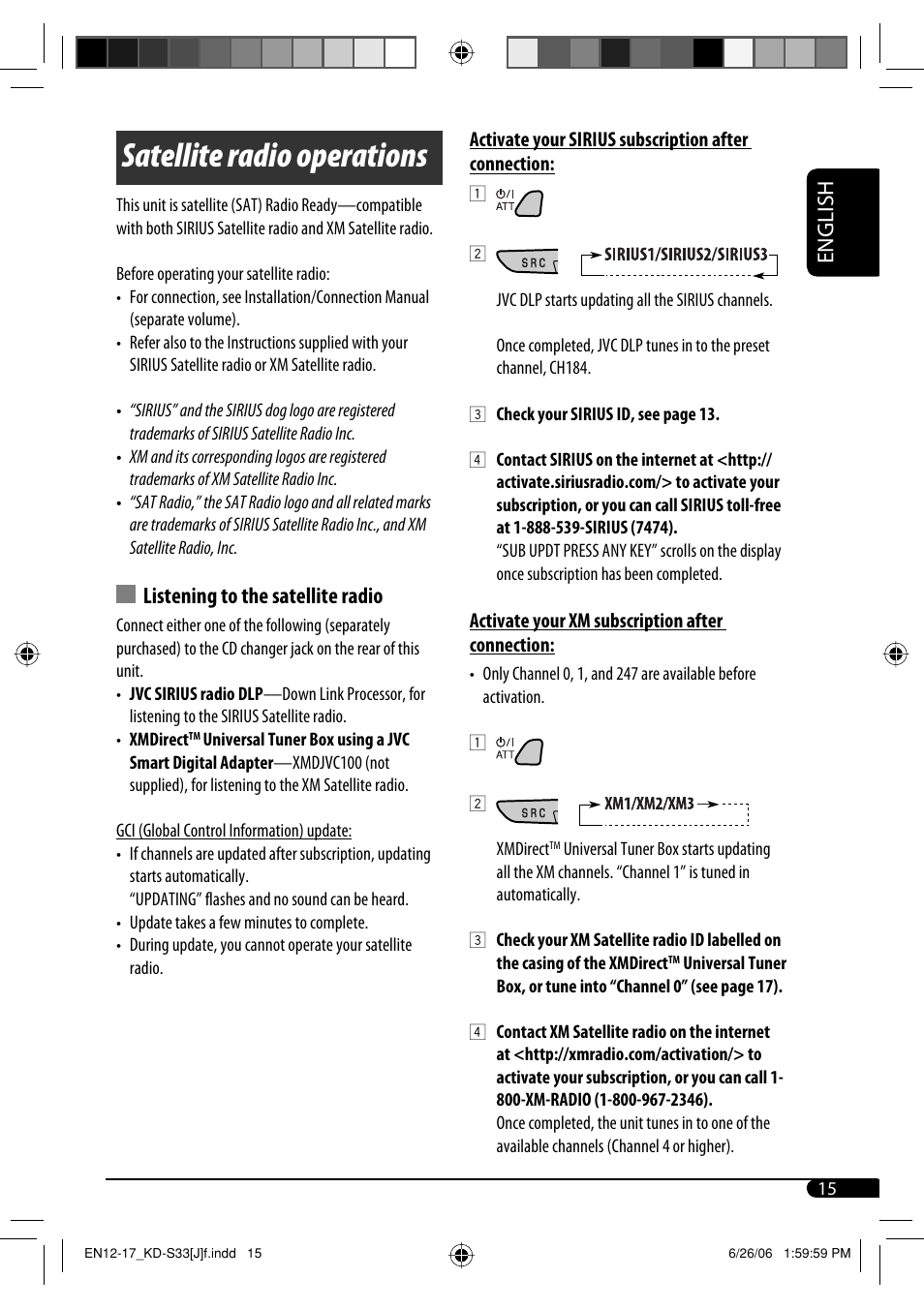 Satellite radio operations, English, Listening to the satellite radio | JVC KD-S33 User Manual | Page 15 / 30