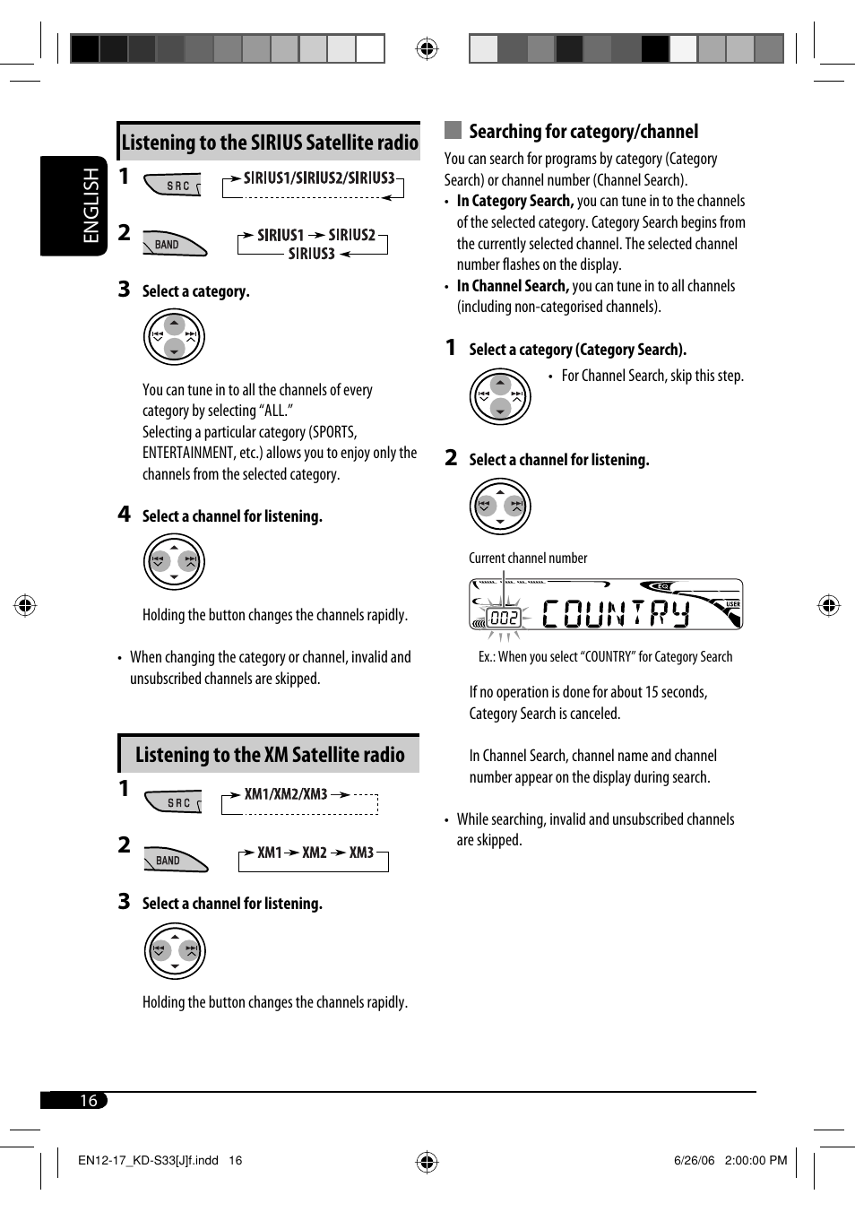 Listening to the sirius satellite radio, Listening to the xm satellite radio | JVC KD-S33 User Manual | Page 16 / 30