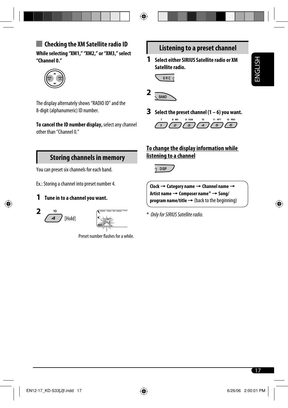 Listening to a preset channel, English, Checking the xm satellite radio id | JVC KD-S33 User Manual | Page 17 / 30