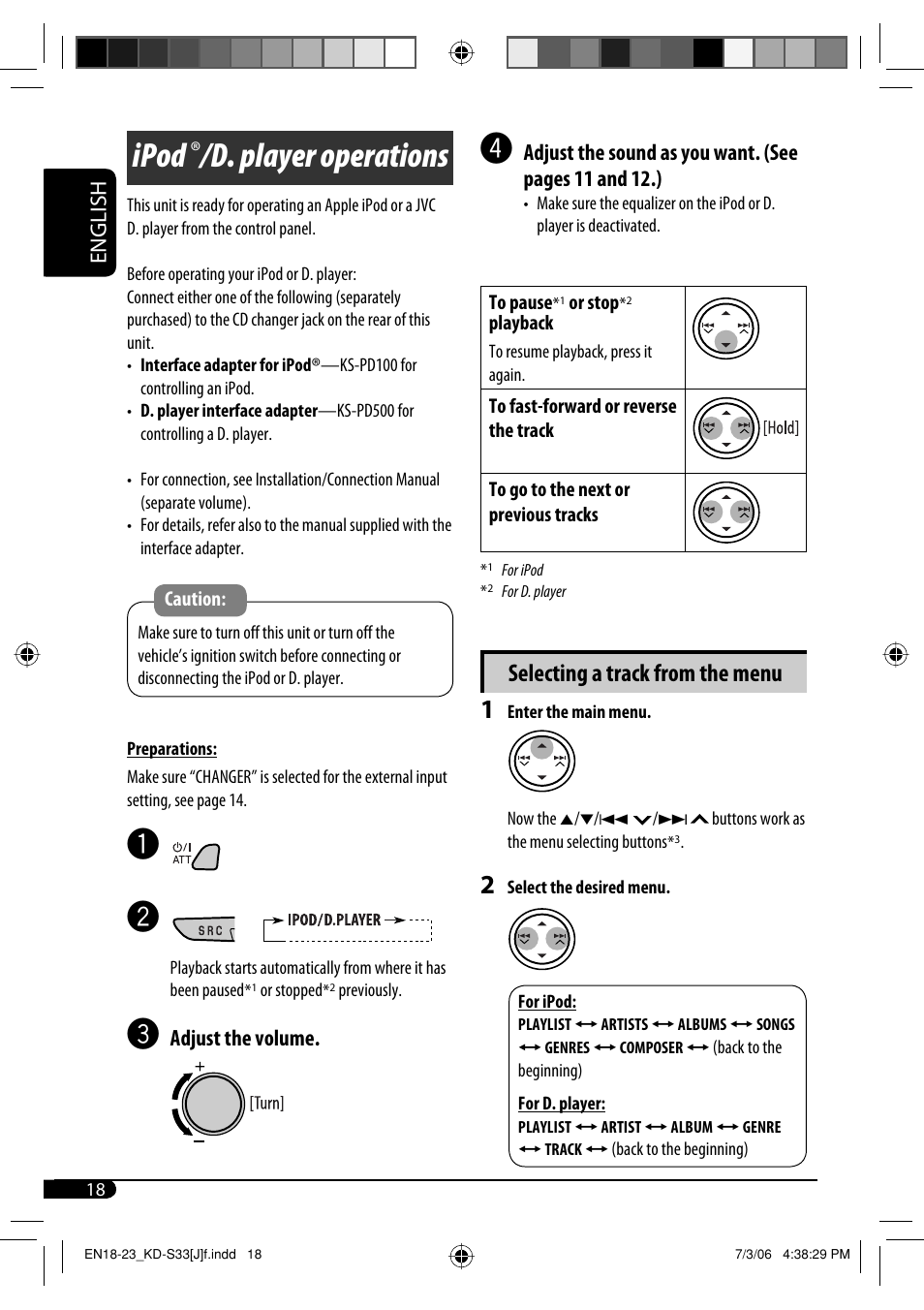 Ipod r/d. player operations, Ipod, D. player operations | Selecting a track from the menu, English, Adjust the volume | JVC KD-S33 User Manual | Page 18 / 30