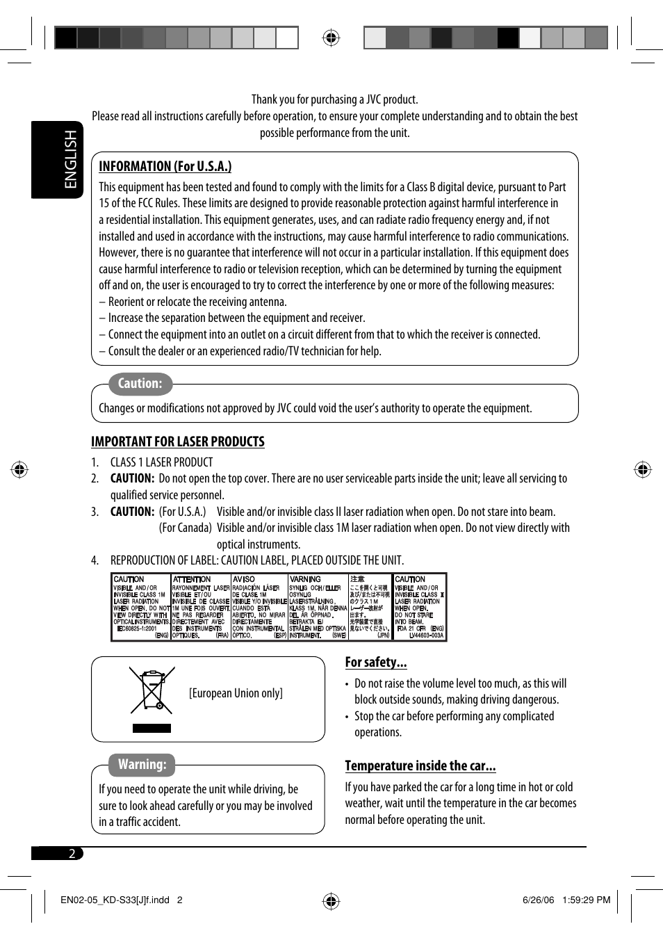 Information (for u.s.a.), Caution, Important for laser products | Warning, For safety, Temperature inside the car, English | JVC KD-S33 User Manual | Page 2 / 30