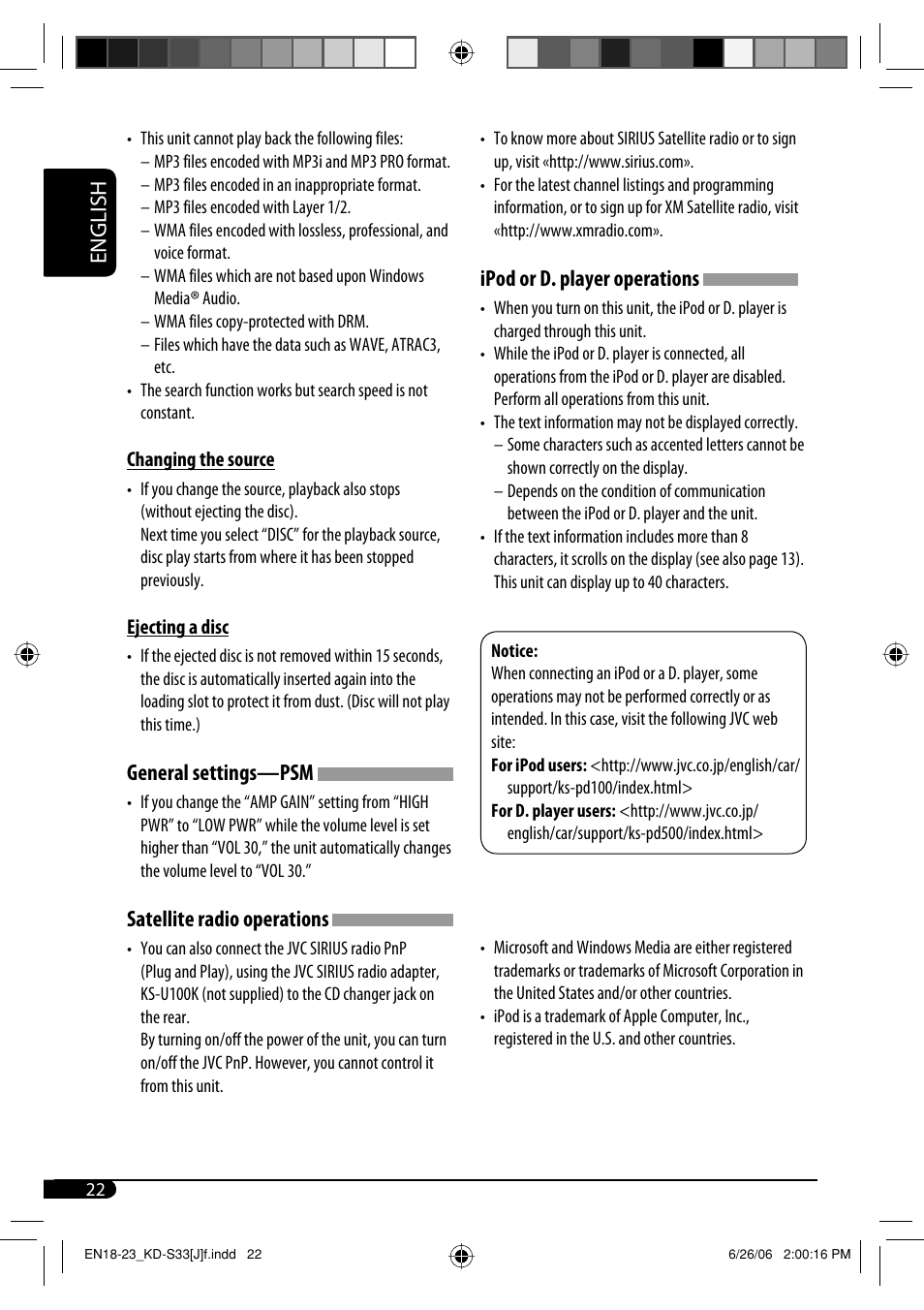 English, General settings—psm, Satellite radio operations | Ipod or d. player operations | JVC KD-S33 User Manual | Page 22 / 30