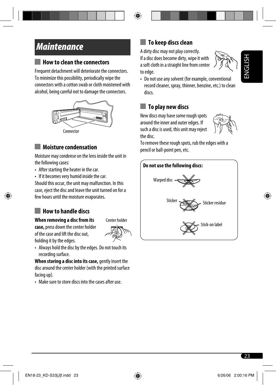 Maintenance, English, How to clean the connectors | Moisture condensation, How to handle discs | JVC KD-S33 User Manual | Page 23 / 30