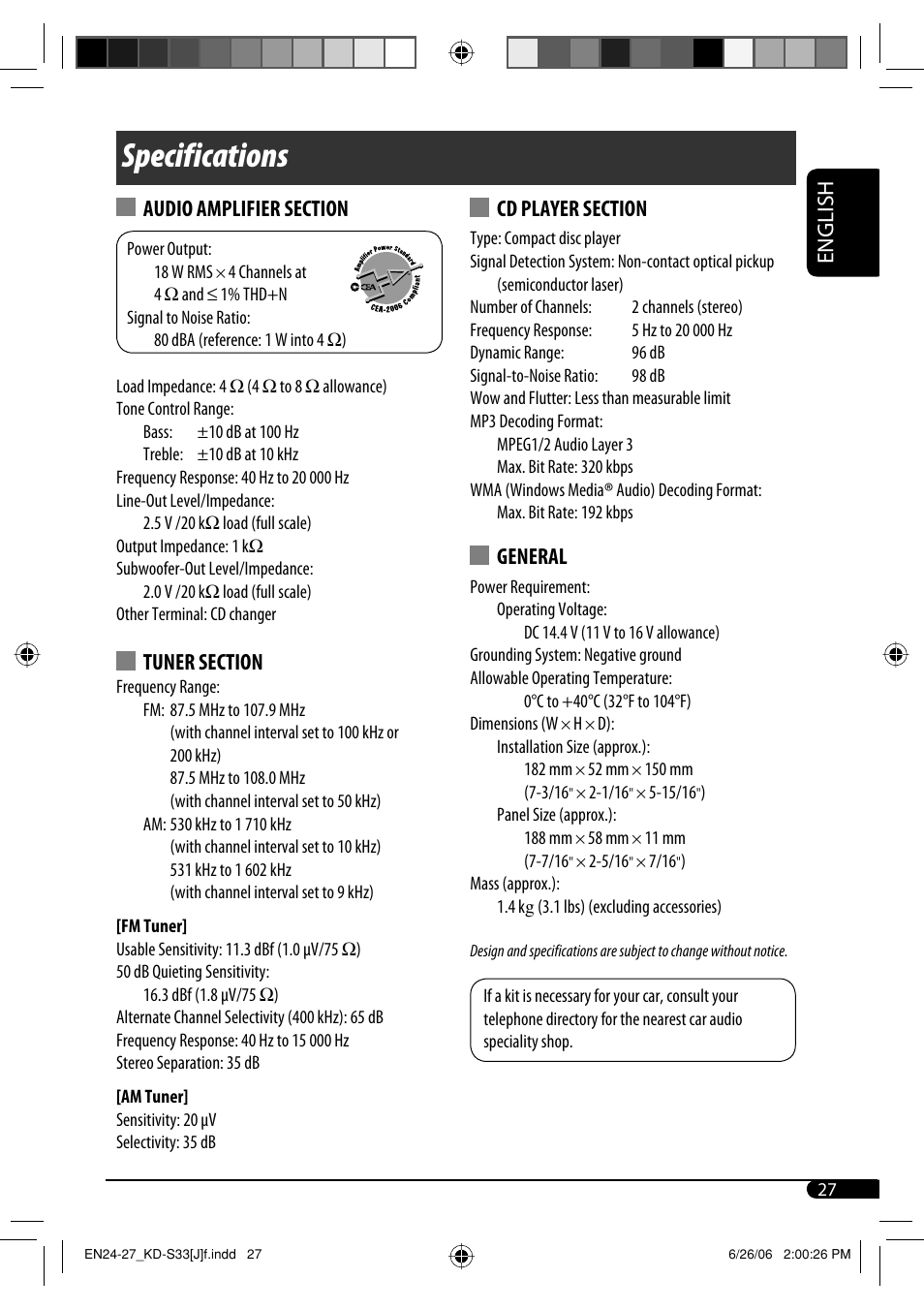 Specifications, English, General | JVC KD-S33 User Manual | Page 27 / 30