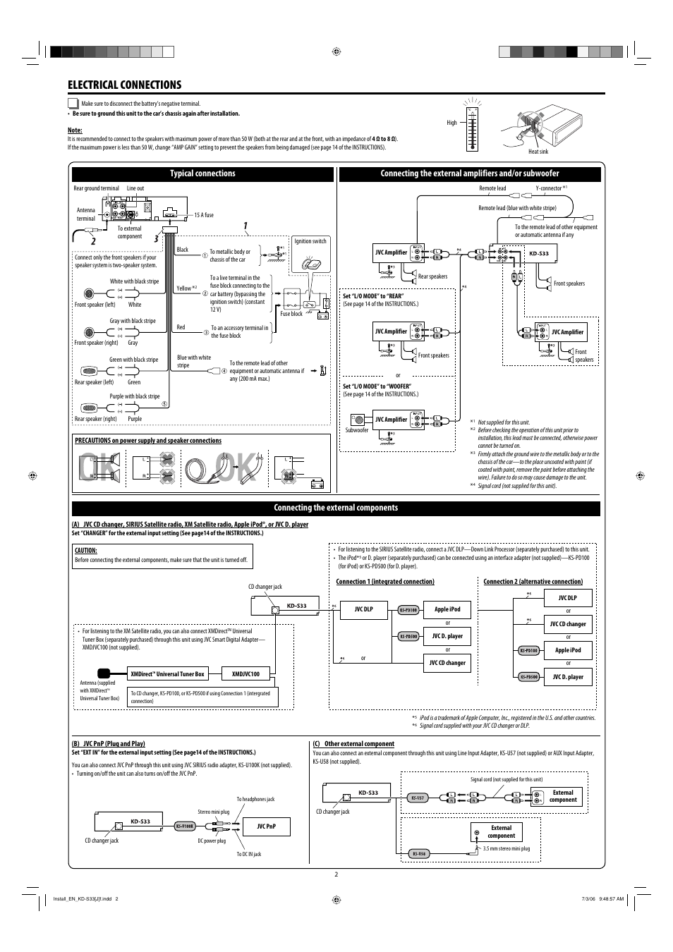 Electrical connections, Connecting the external components | JVC KD-S33 User Manual | Page 30 / 30