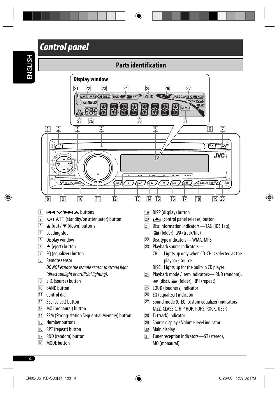 Control panel, Parts identification, English | JVC KD-S33 User Manual | Page 4 / 30