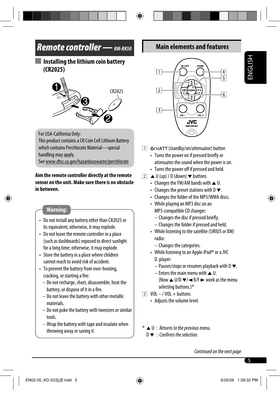 Remote controller — rm-rk50, Remote controller, Main elements and features | English, Installing the lithium coin battery (cr2025) | JVC KD-S33 User Manual | Page 5 / 30