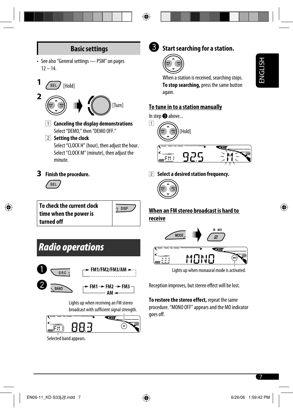 Radio operations, Basic settings | JVC KD-S33 User Manual | Page 7 / 30