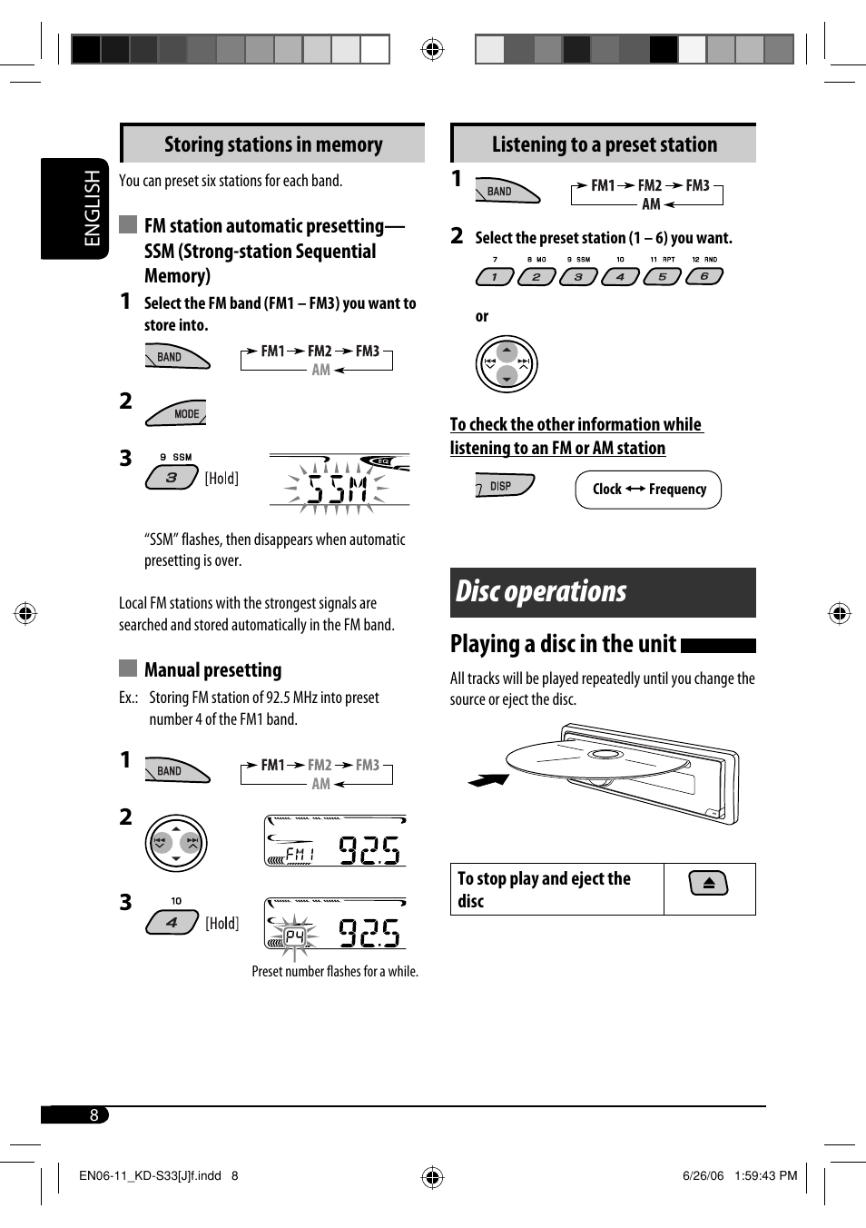 Disc operations, Playing a disc in the unit, Listening to a preset station | JVC KD-S33 User Manual | Page 8 / 30