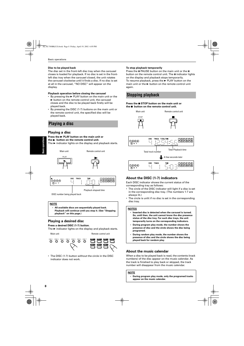 Stopping playback, Playing a disc, Playing a desired disc | About the disc (1-7) indicators, About the music calendar | JVC XL-FZ700BK User Manual | Page 10 / 18